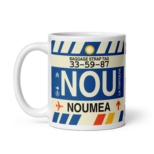 NOU Nouméa Coffee Mug • Jet Age Baggage Tag Design • YHM Designs - Image 02