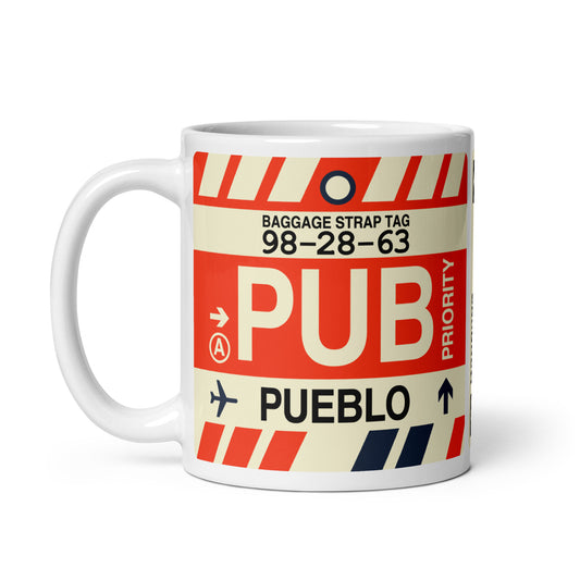 PUB Pueblo Coffee Mug • Jet Age Baggage Tag Design • YHM Designs - Image 02