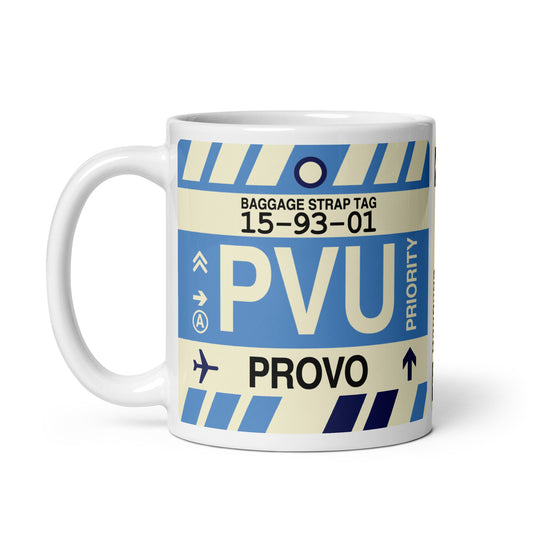 PVU Provo Coffee Mug • Jet Age Baggage Tag Design • YHM Designs - Image 02