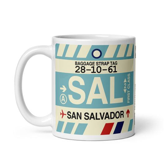 SAL San Salvador Coffee Mug • Jet Age Baggage Tag Design • YHM Designs - Image 02