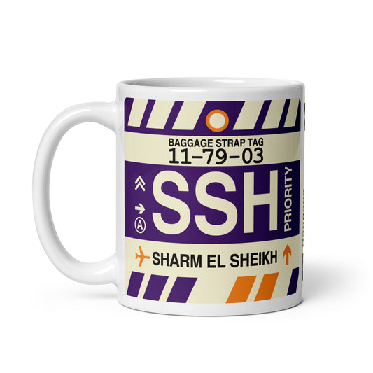 SSH Sharm el-Sheikh Coffee Mug • Jet Age Baggage Tag Design • YHM Designs - Image 02