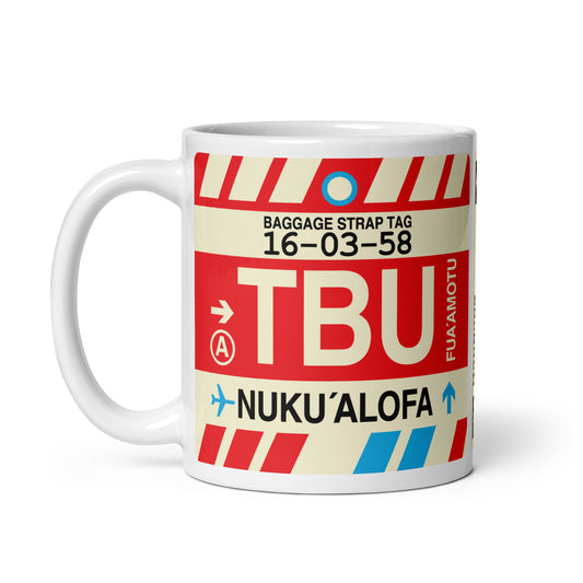 TBU Nuku'alofa Coffee Mug • Jet Age Baggage Tag Design • YHM Designs - Image 02