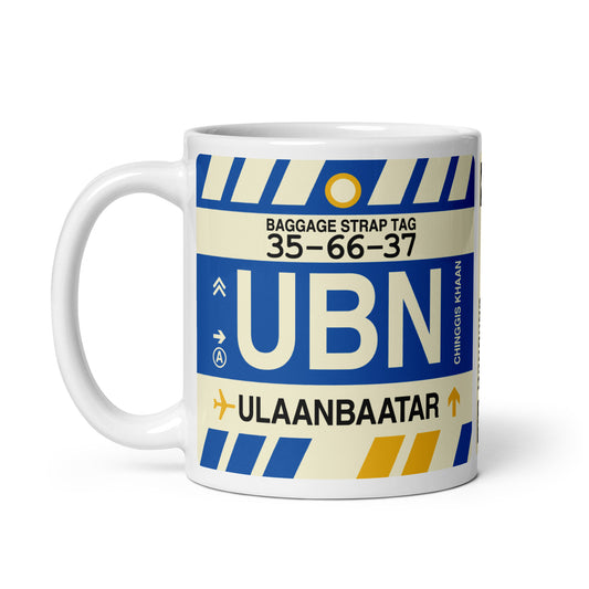 UBN Ulaanbaatar Coffee Mug • Jet Age Baggage Tag Design • YHM Designs - Image 02