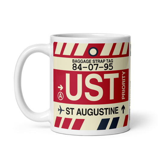 UST St. Augustine Coffee Mug • Jet Age Baggage Tag Design • YHM Designs - Image 02