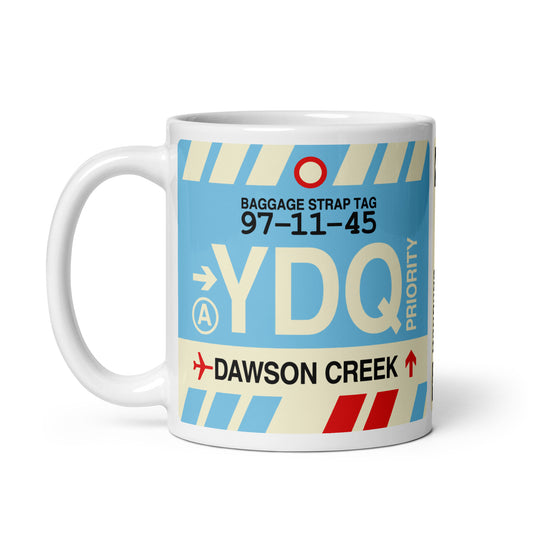 YDQ Dawson Creek Coffee Mug • Jet Age Baggage Tag Design • YHM Designs - Image 02