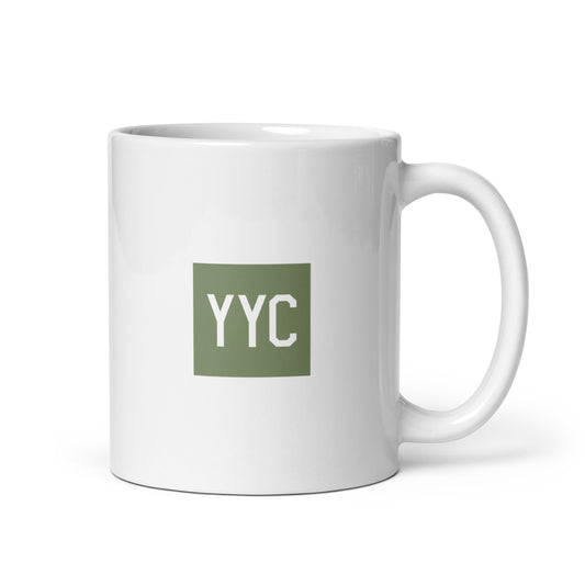 YYC Calgary Coffee Mug • Air Force Lettering in Camouflage Green • YHM Designs - Image 01