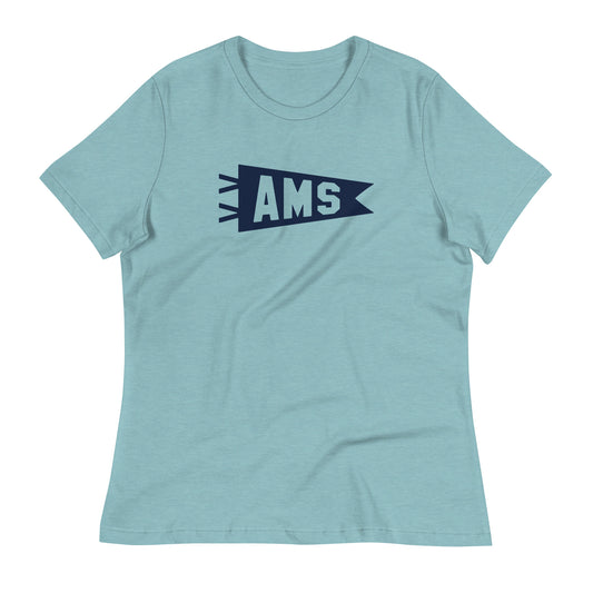 Airport Code Women's Tee - Navy Blue Graphic • AMS Amsterdam • YHM Designs - Image 02
