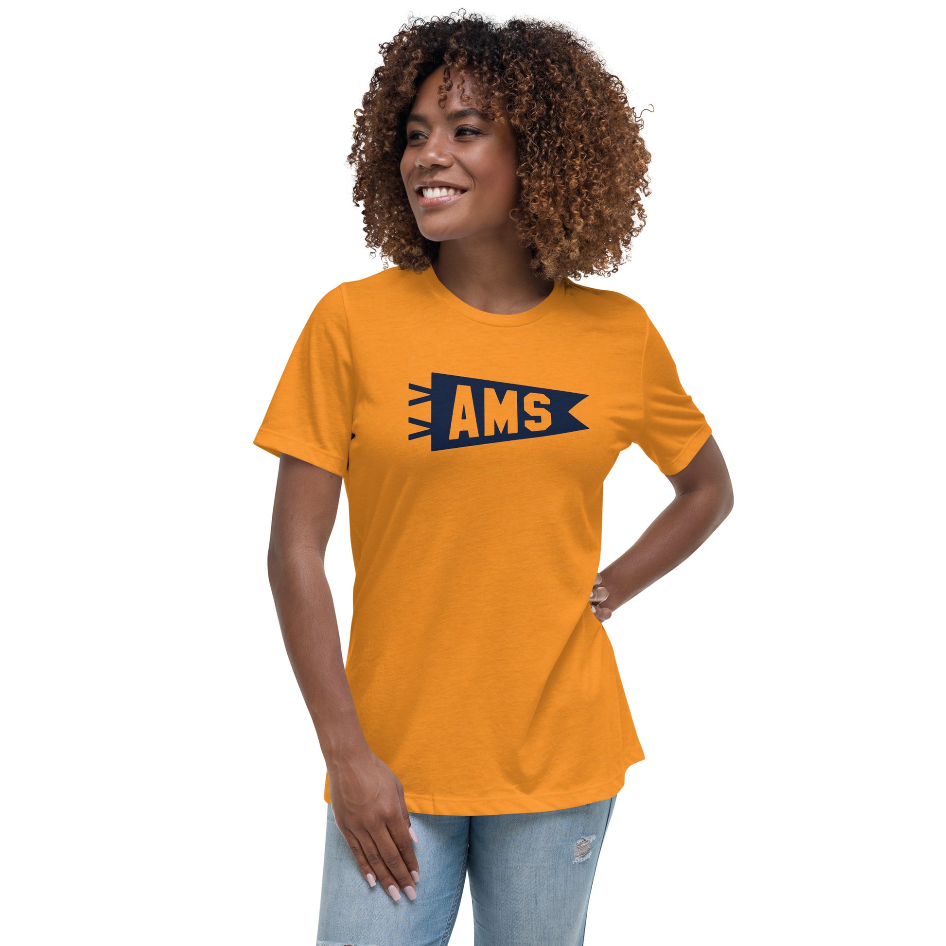 Airport Code Women's Tee - Navy Blue Graphic • AMS Amsterdam • YHM Designs - Image 03