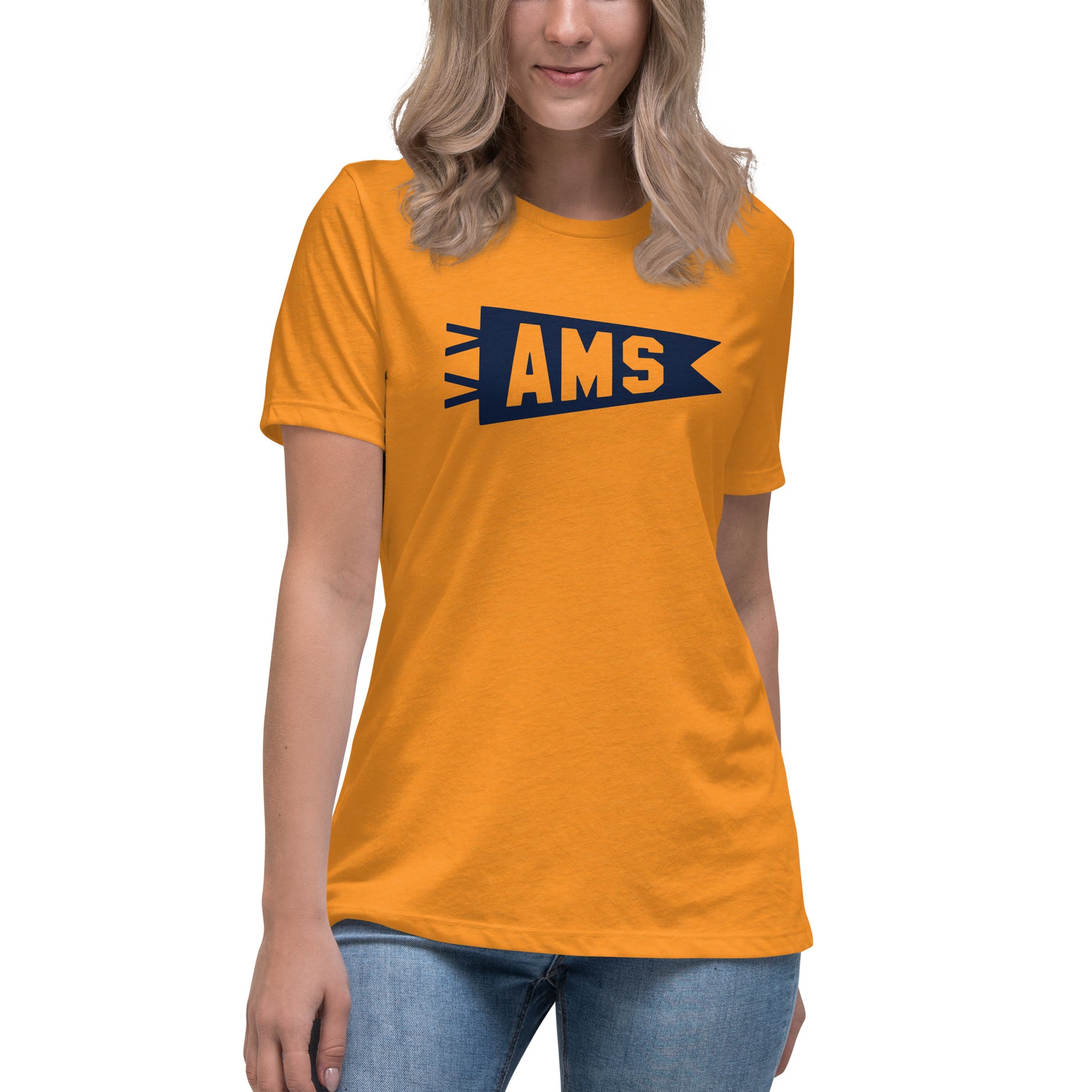 Airport Code Women's Tee - Navy Blue Graphic • AMS Amsterdam • YHM Designs - Image 04
