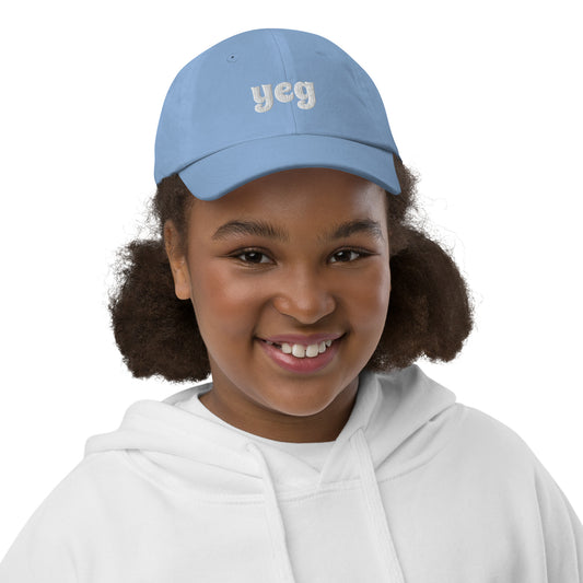 YEG Edmonton Kid's Baseball Cap • Groovy Lettering in White • YHM Designs - Image 02