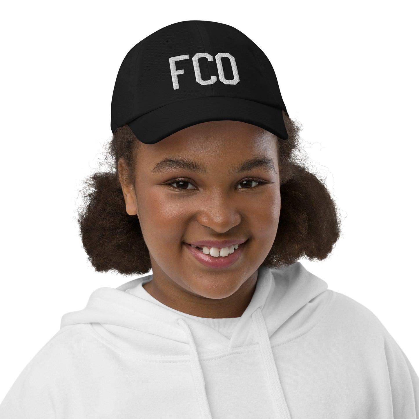 Airport Code Kid's Baseball Cap - White • FCO Rome • YHM Designs - Image 02