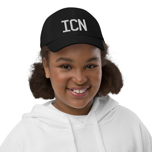 Airport Code Kid's Baseball Cap - White • ICN Seoul • YHM Designs - Image 02