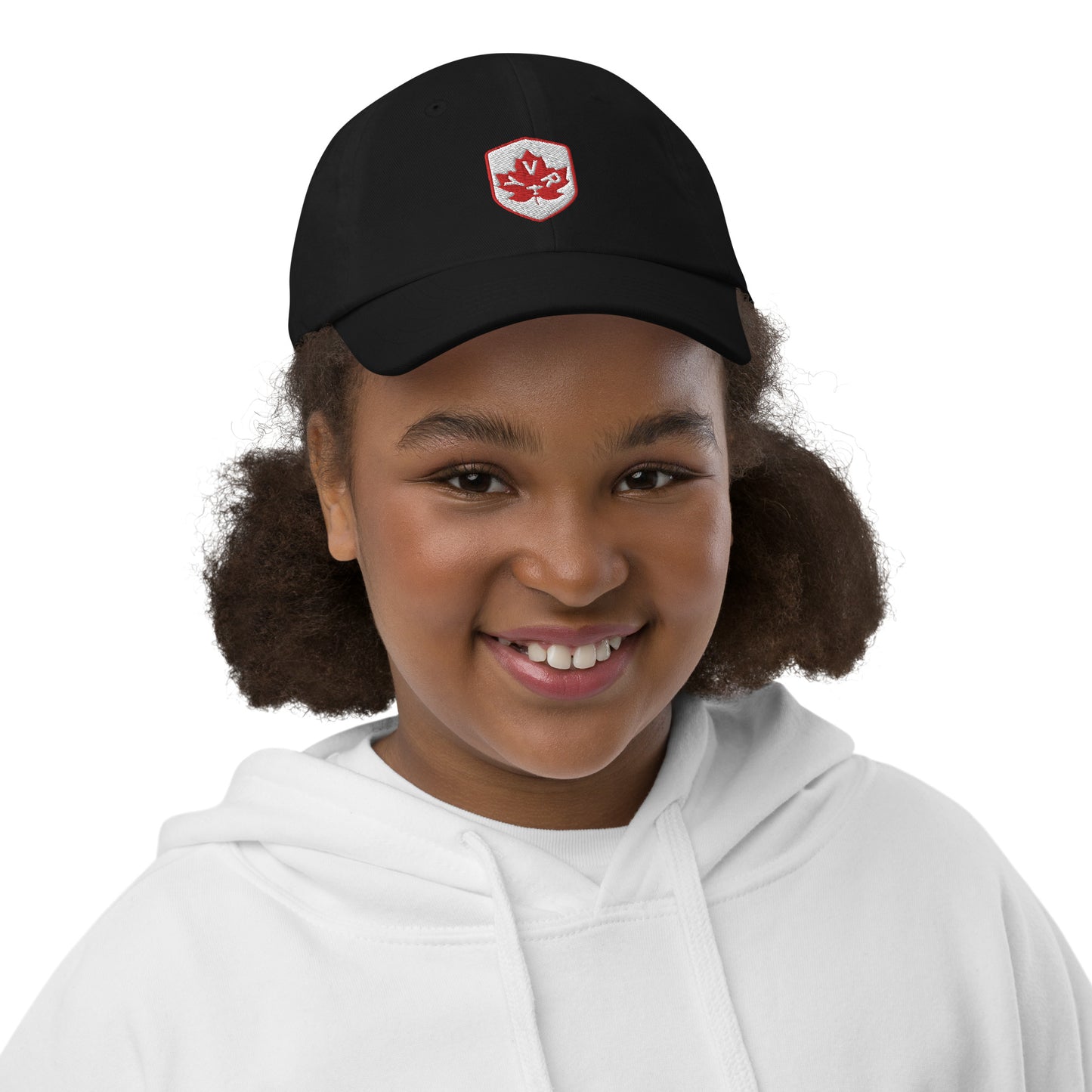 YVR Vancouver Kid's Baseball Cap • Maple Leaf Shield Design - Red & White • YHM Designs - Image 03