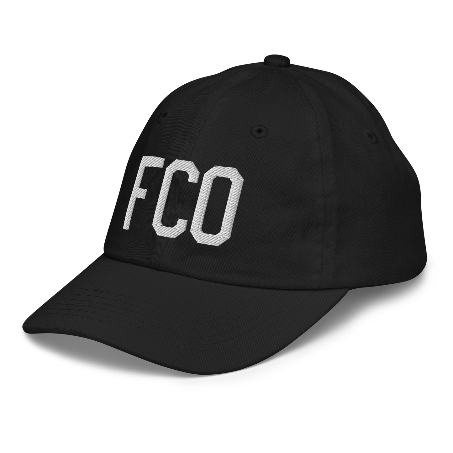 Airport Code Kid's Baseball Cap - White • FCO Rome • YHM Designs - Image 13