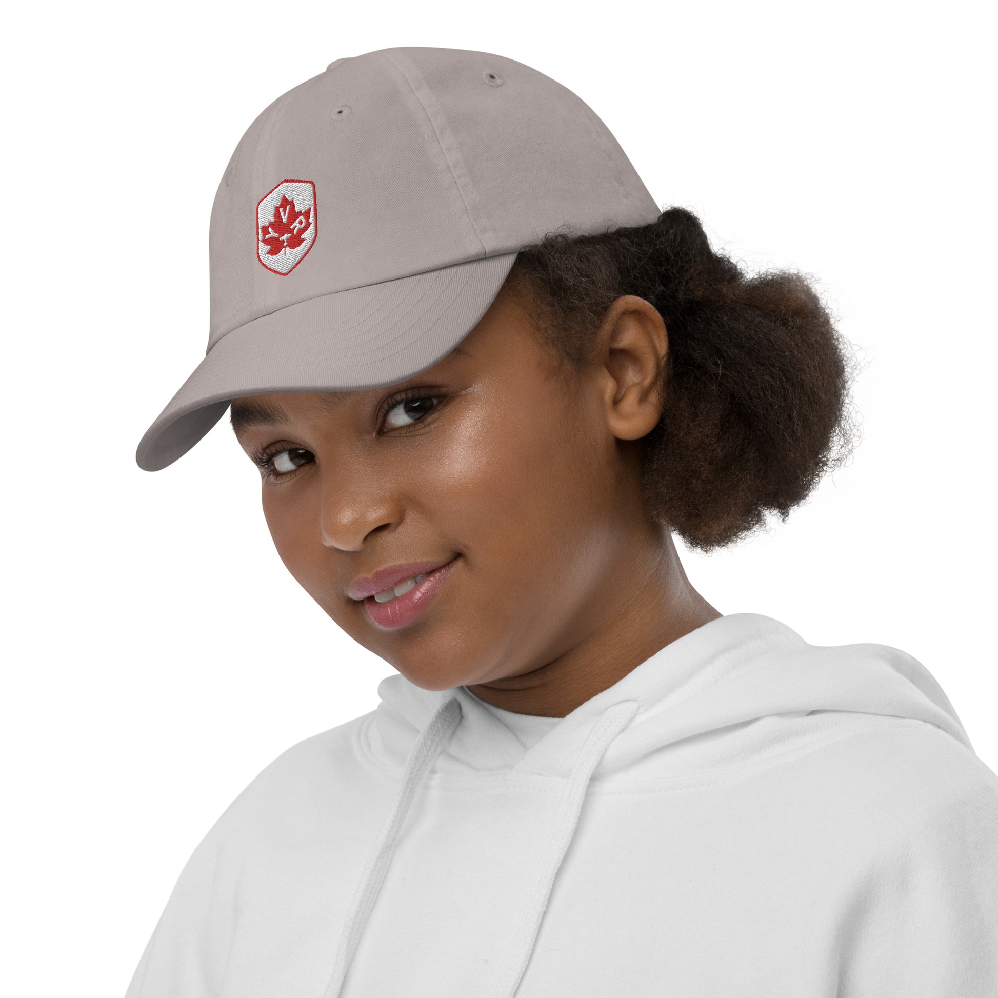 YVR Vancouver Kid's Baseball Cap • Maple Leaf Shield Design - Red & White • YHM Designs - Image 11