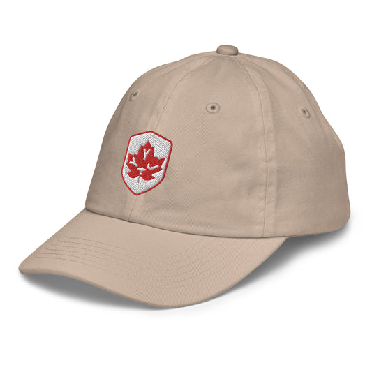 YYJ Victoria Kid's Baseball Cap • Maple Leaf Shield Design - Red & White • YHM Designs - Image 01