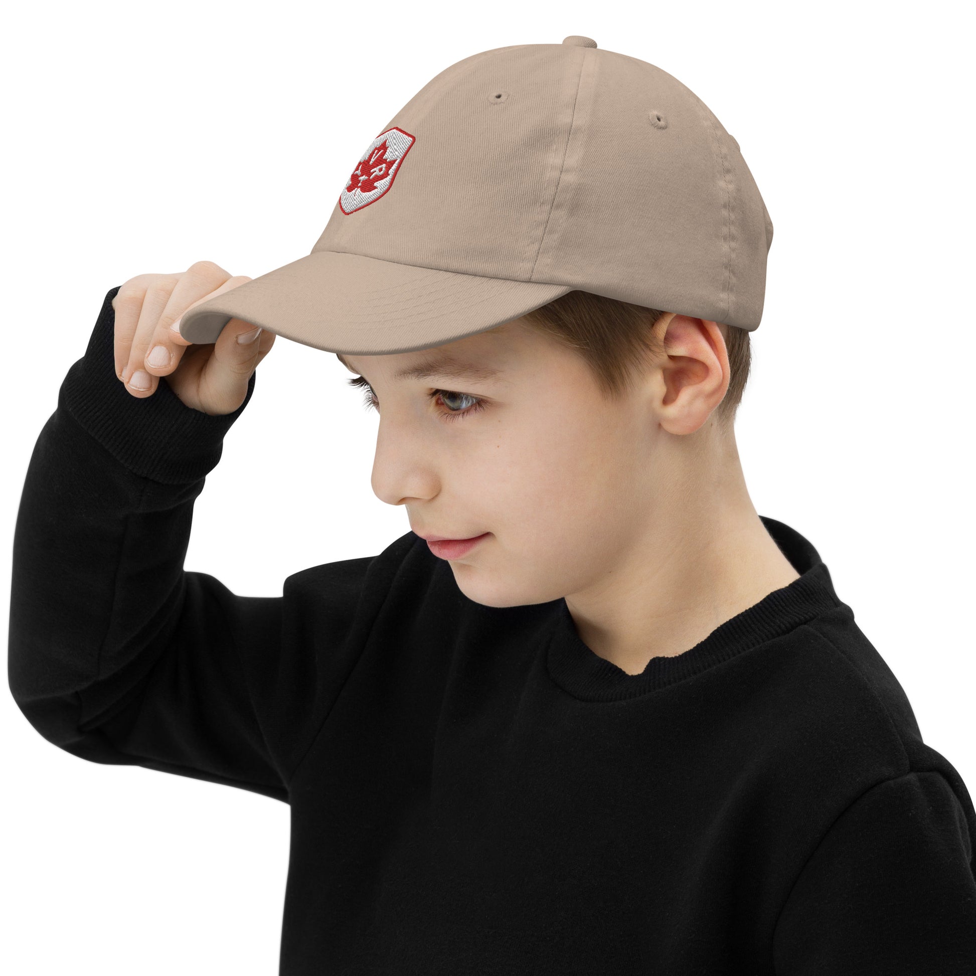 YVR Vancouver Kid's Baseball Cap • Maple Leaf Shield Design - Red & White • YHM Designs - Image 10