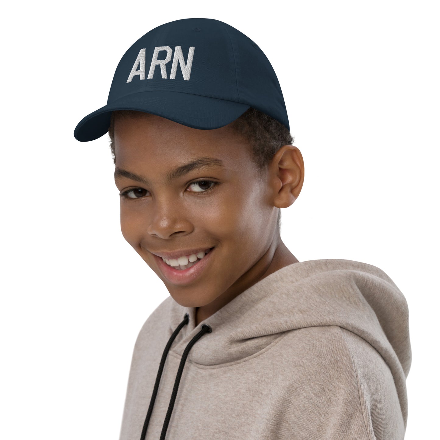 Airport Code Kid's Baseball Cap - White • ARN Stockholm • YHM Designs - Image 03