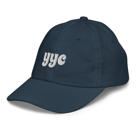YYC Calgary Kid's Baseball Cap • Groovy Lettering in White • YHM Designs - Image 01