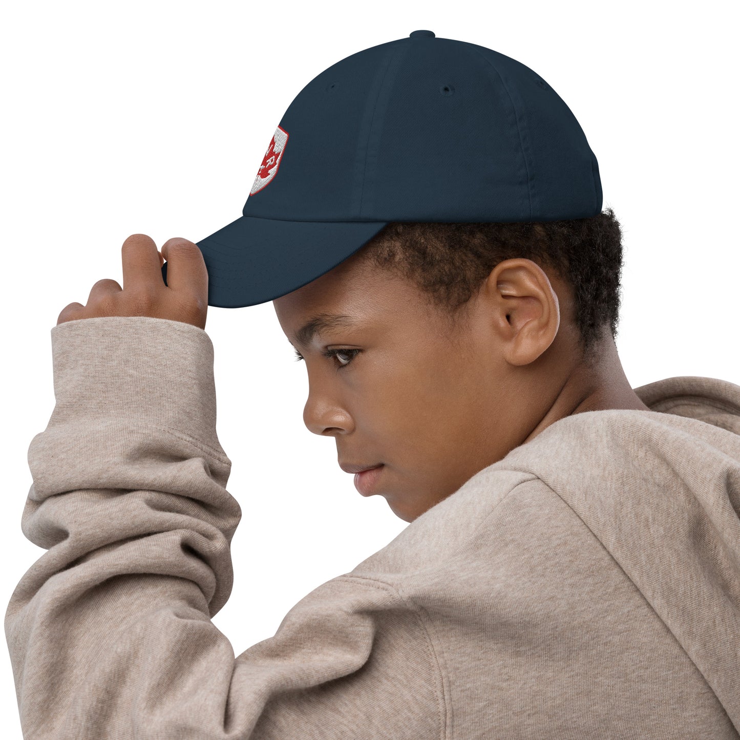 YVR Vancouver Kid's Baseball Cap • Maple Leaf Shield Design - Red & White • YHM Designs - Image 09