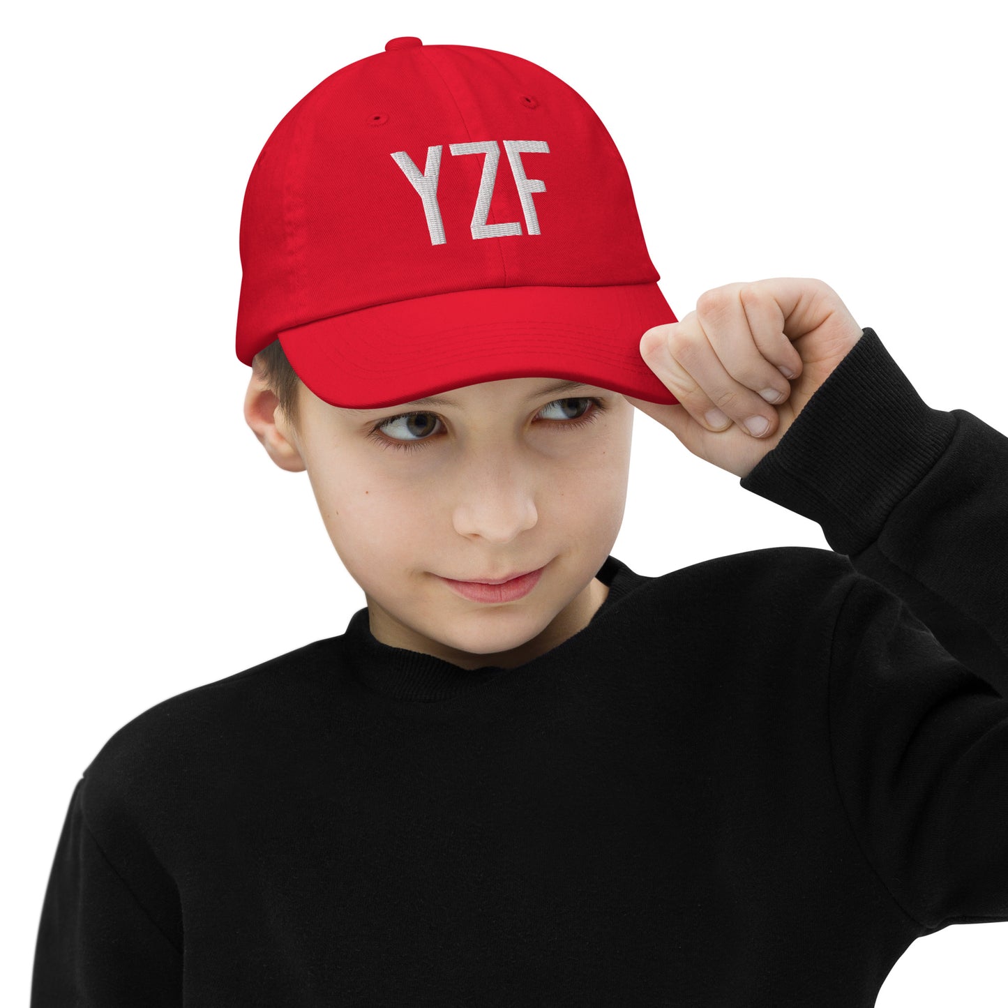 Airport Code Kid's Baseball Cap - White • YZF Yellowknife • YHM Designs - Image 04