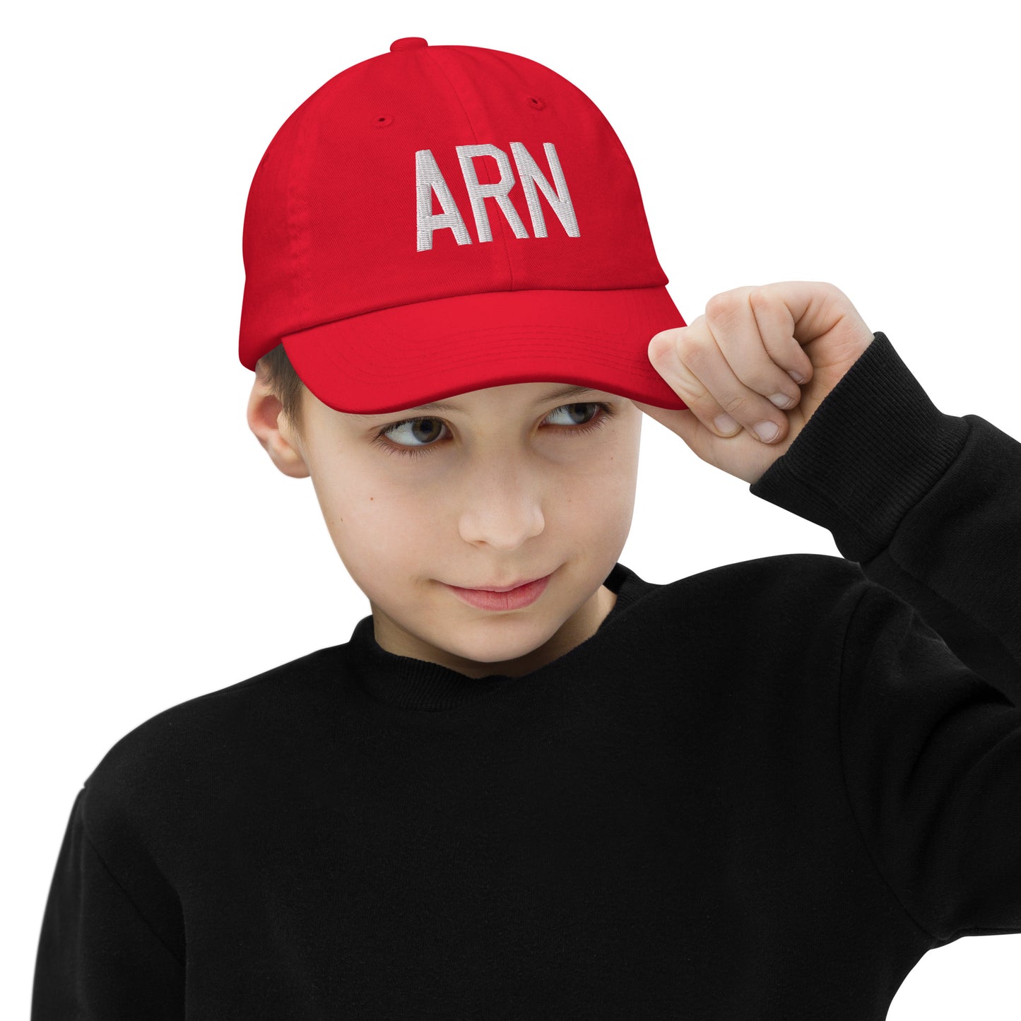 Airport Code Kid's Baseball Cap - White • ARN Stockholm • YHM Designs - Image 04