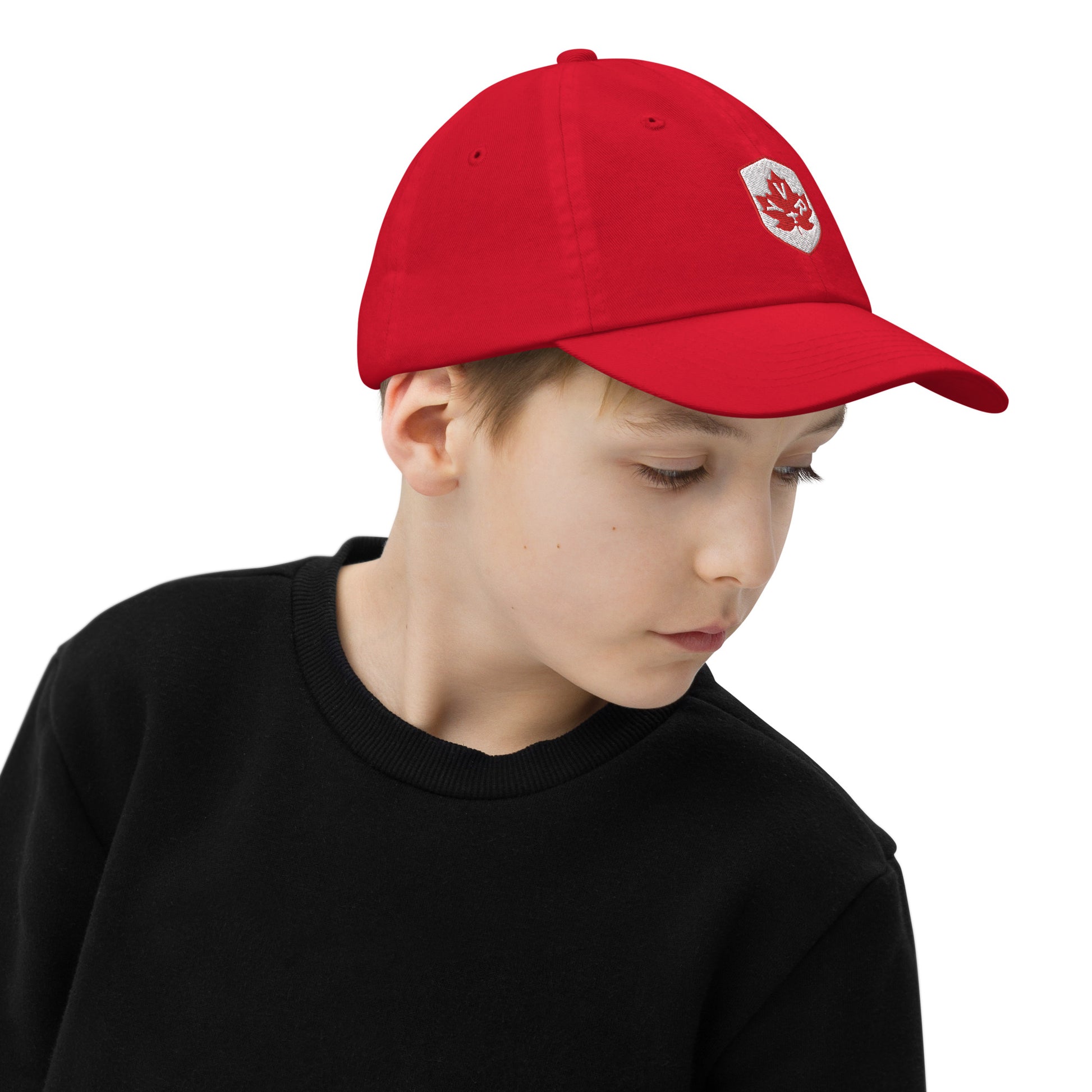 YVR Vancouver Kid's Baseball Cap • Maple Leaf Shield Design - Red & White • YHM Designs - Image 08