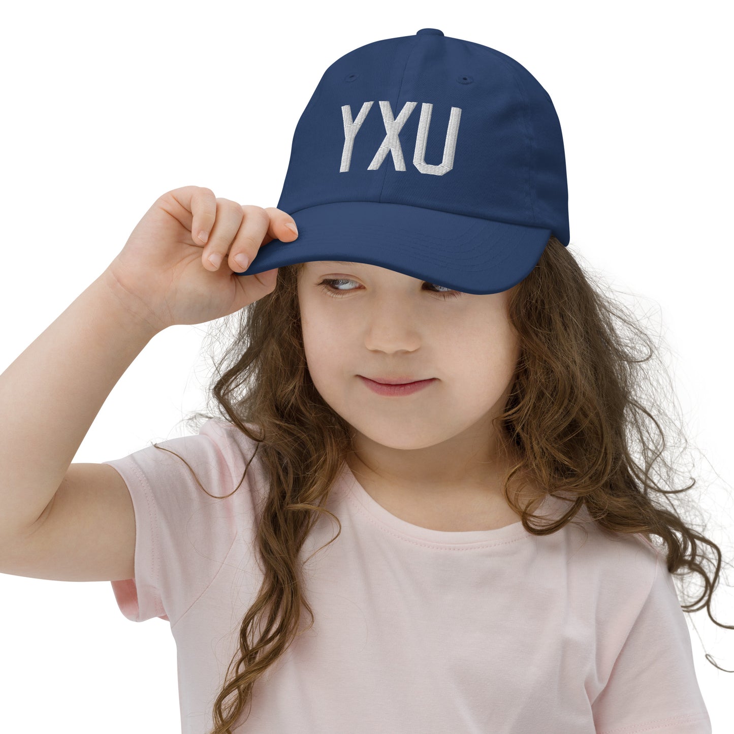 Airport Code Kid's Baseball Cap - White • YXU London • YHM Designs - Image 05