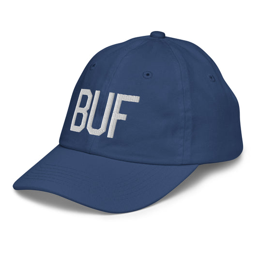 Airport Code Kid's Baseball Cap - White • BUF Buffalo • YHM Designs - Image 01