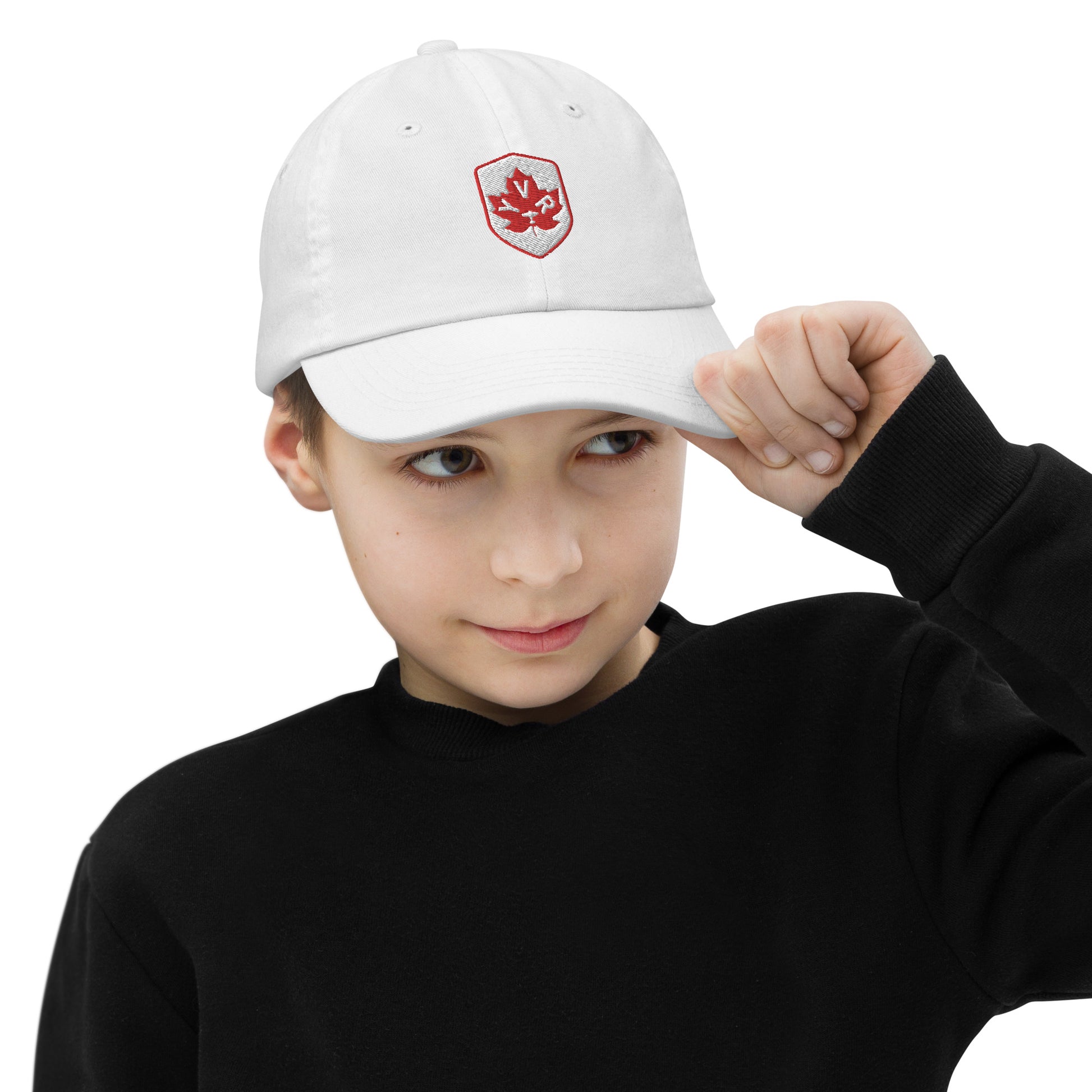 YVR Vancouver Kid's Baseball Cap • Maple Leaf Shield Design - Red & White • YHM Designs - Image 04