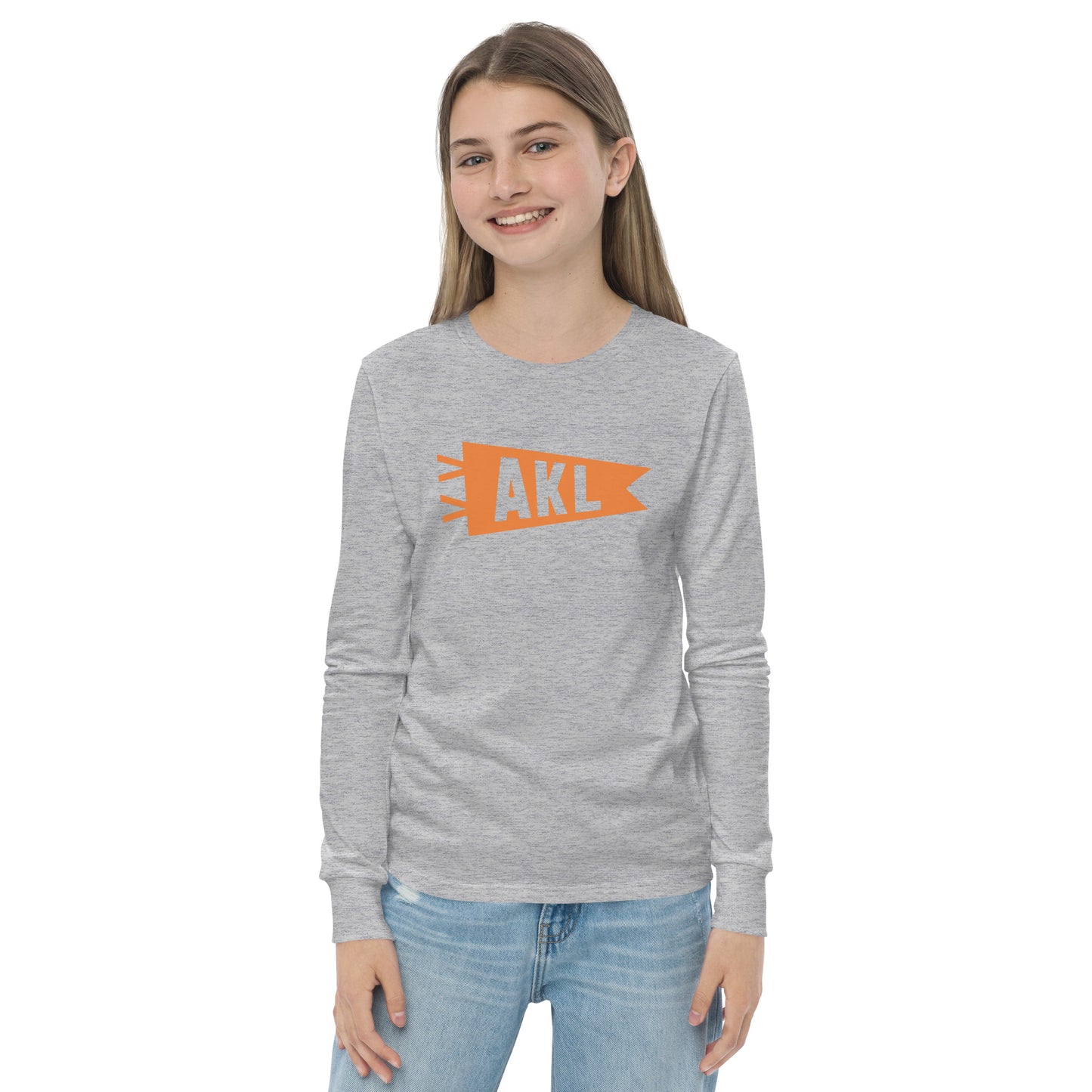 Kid's Airport Code Long-Sleeve Tee - Orange Graphic • AKL Auckland • YHM Designs - Image 08