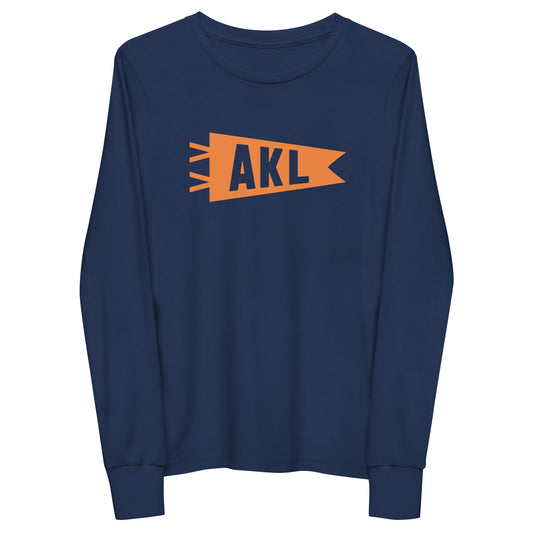 AKL Auckland Kid's Long-Sleeve T-Shirt • Banner Design in Orange • YHM Designs - Image 01
