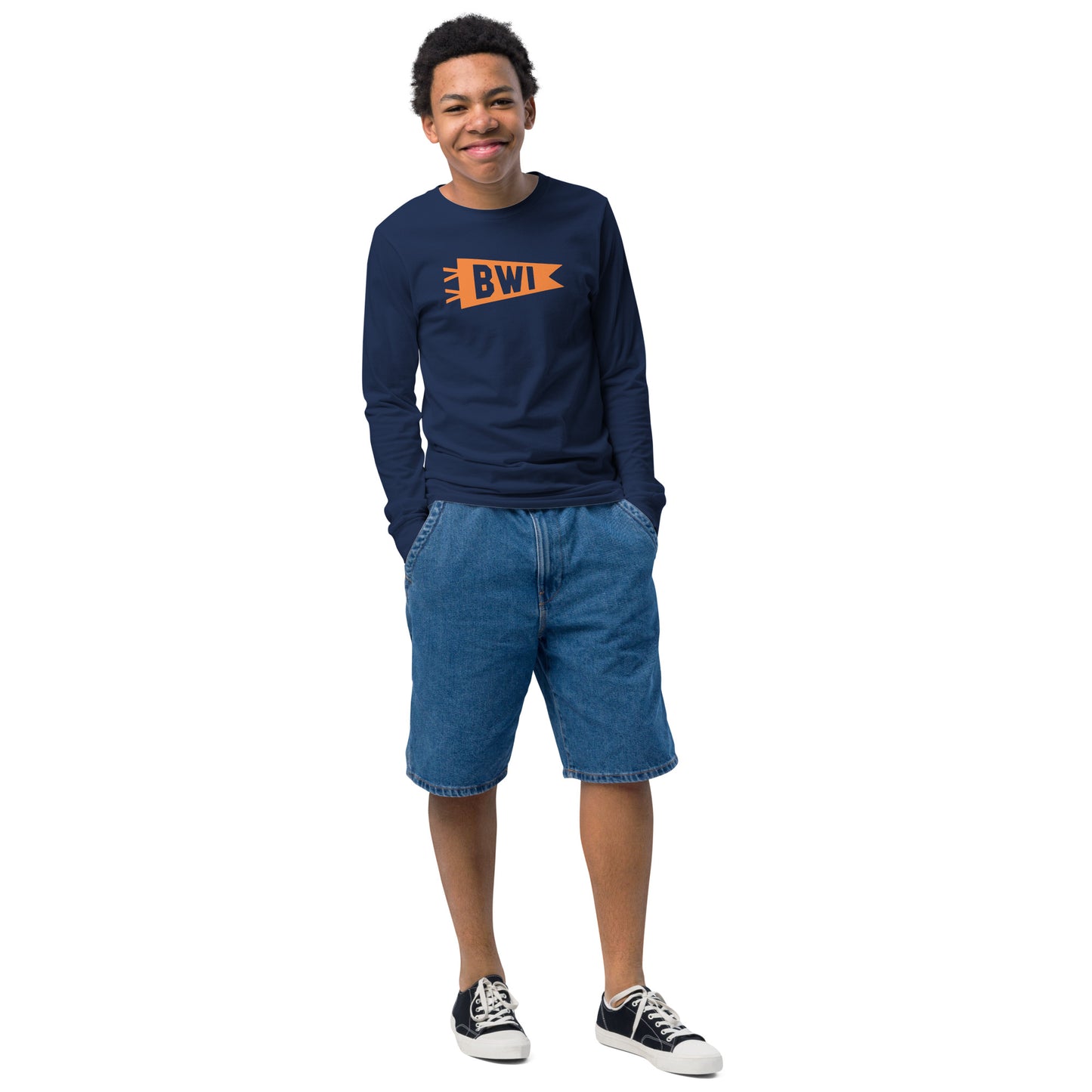 Kid's Airport Code Long-Sleeve Tee - Orange Graphic • BWI Baltimore • YHM Designs - Image 03