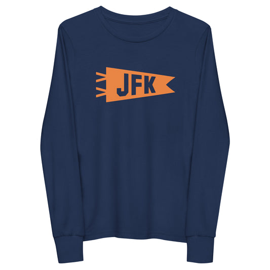 Kid's Airport Code Long-Sleeve Tee - Orange Graphic • JFK New York City • YHM Designs - Image 01