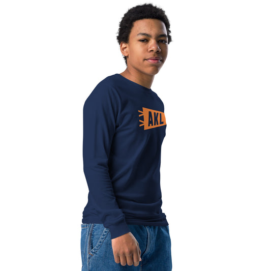 Kid's Airport Code Long-Sleeve Tee - Orange Graphic • AKL Auckland • YHM Designs - Image 02