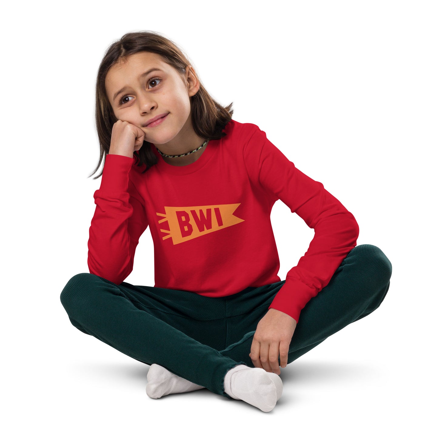 Kid's Airport Code Long-Sleeve Tee - Orange Graphic • BWI Baltimore • YHM Designs - Image 04
