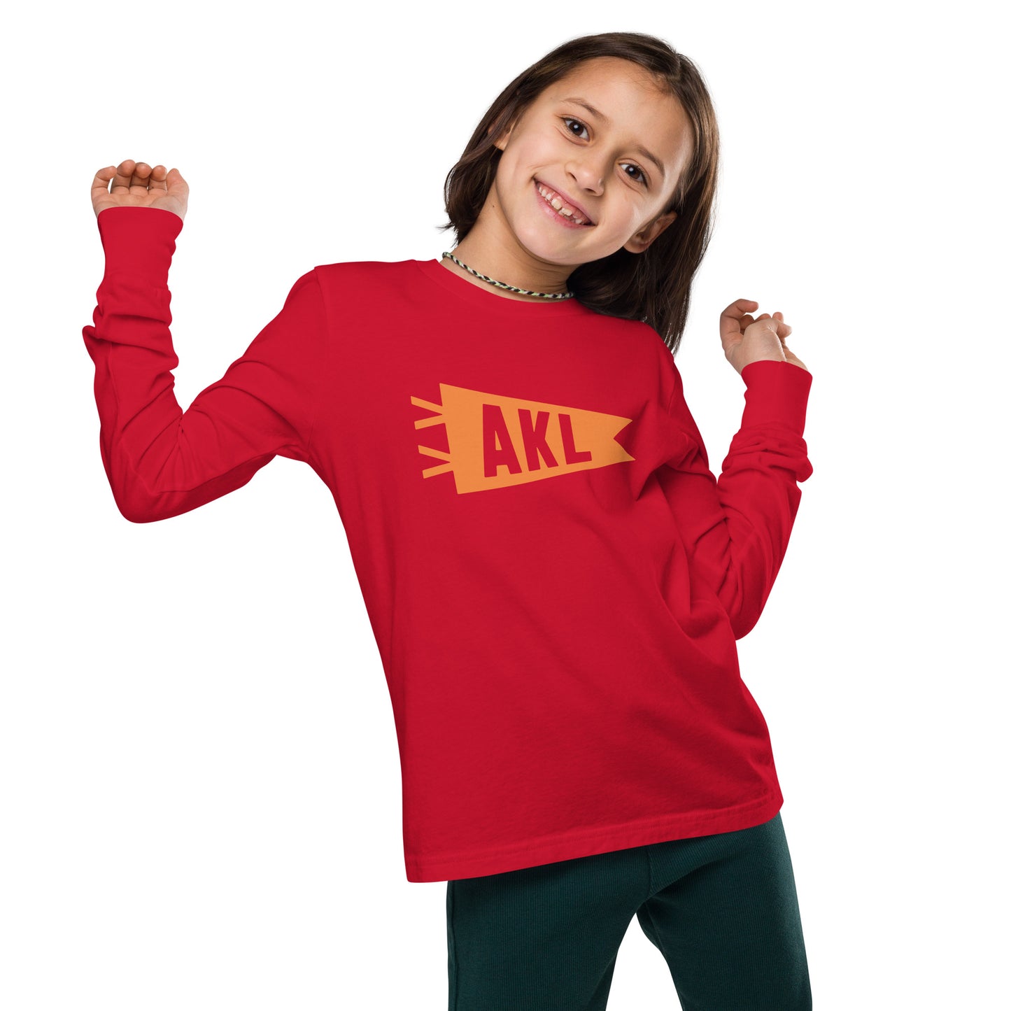 Kid's Airport Code Long-Sleeve Tee - Orange Graphic • AKL Auckland • YHM Designs - Image 05