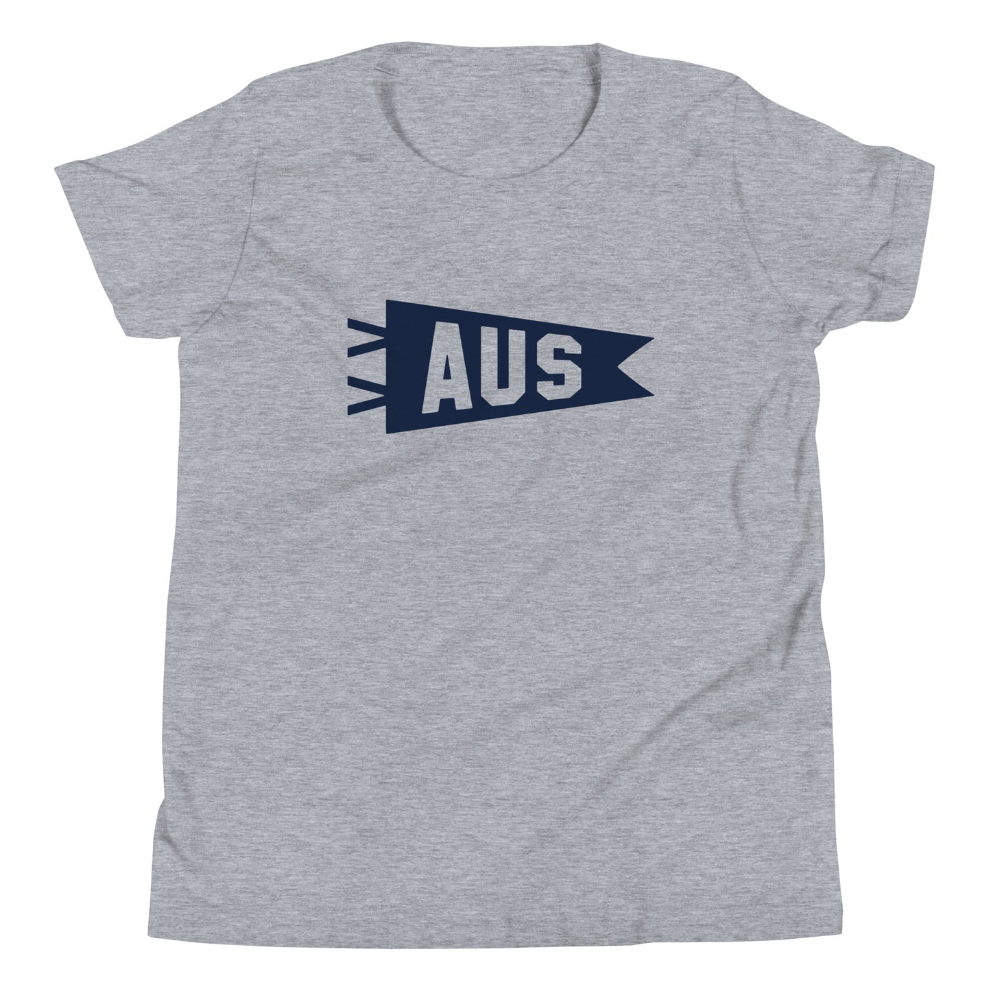 Kid's Airport Code Tee - Navy Blue Graphic • AUS Austin • YHM Designs - Image 01