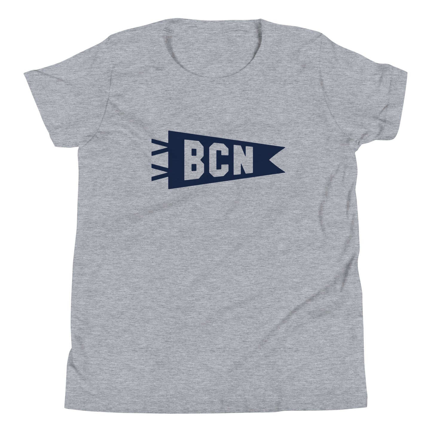 Kid's Airport Code Tee - Navy Blue Graphic • BCN Barcelona • YHM Designs - Image 01