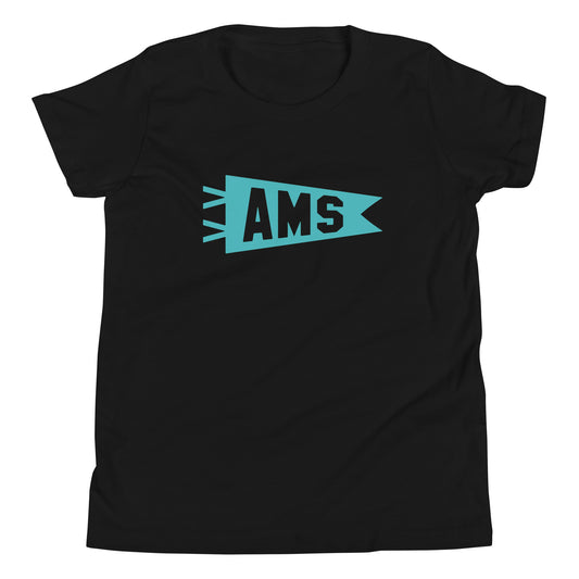 AMS Amsterdam Kid's T-Shirt • Banner Design in Viking Blue • YHM Designs - Image 01