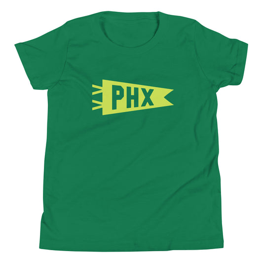 PHX Phoenix Kid's T-Shirt • Banner Design in Green • YHM Designs - Image 02