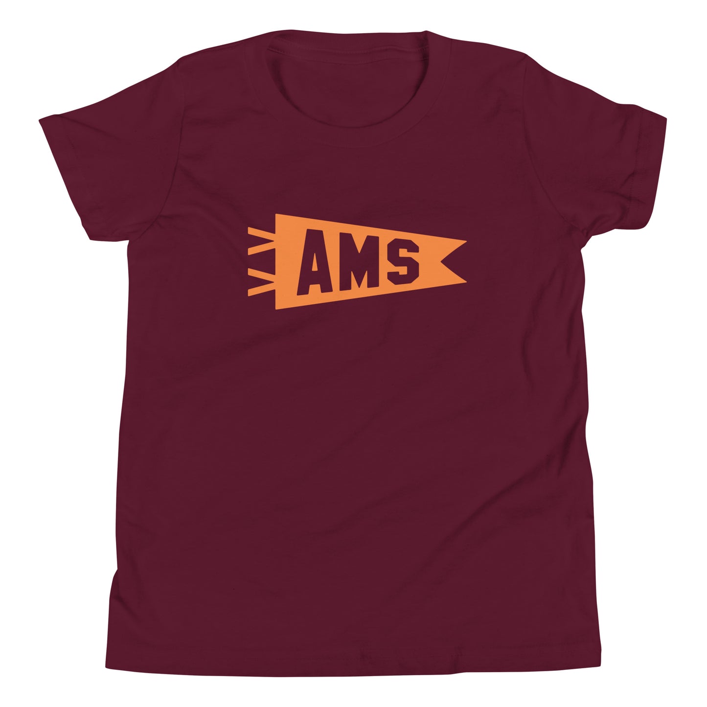 Kid's Airport Code Tee - Orange Graphic • AMS Amsterdam • YHM Designs - Image 01