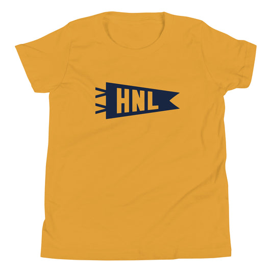 HNL Honolulu Kid's T-Shirt • Banner Design in Navy Blue • YHM Designs - Image 02