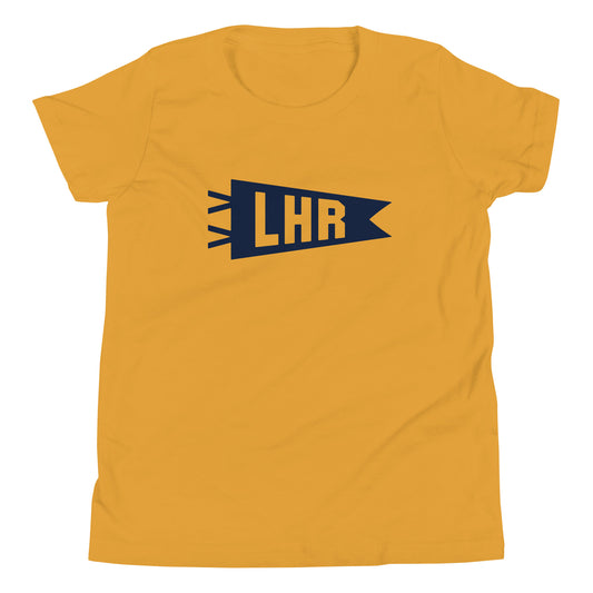 LHR London Kid's T-Shirt • Banner Design in Navy Blue • YHM Designs - Image 02