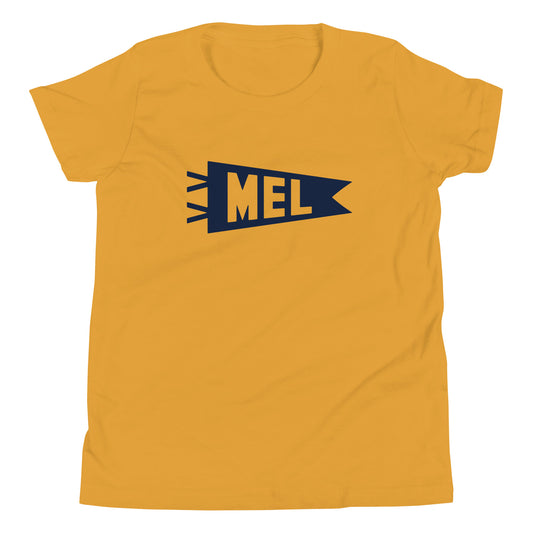 MEL Melbourne Kid's T-Shirt • Banner Design in Navy Blue • YHM Designs - Image 02