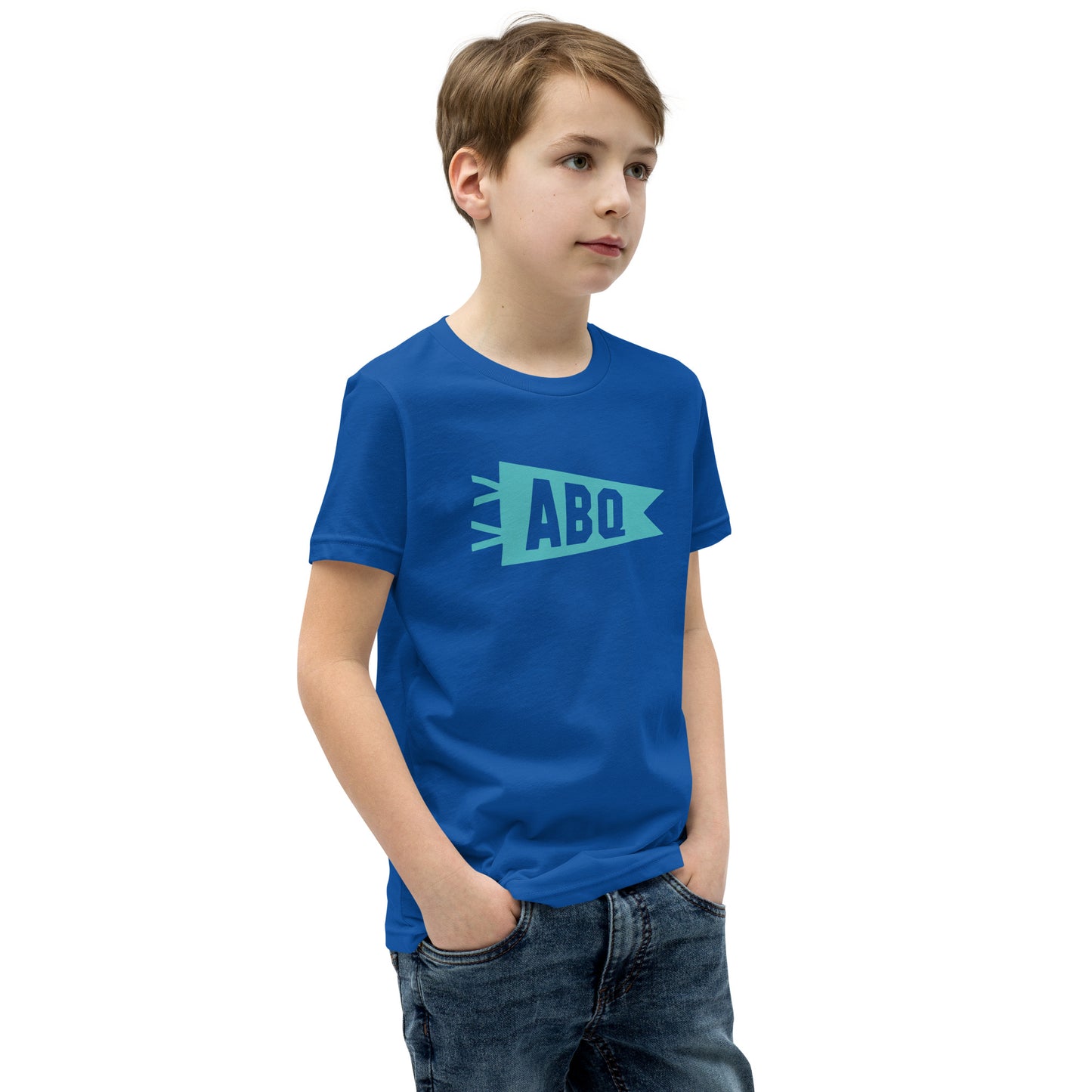 Kid's Airport Code Tee - Viking Blue Graphic • ABQ Albuquerque • YHM Designs - Image 07