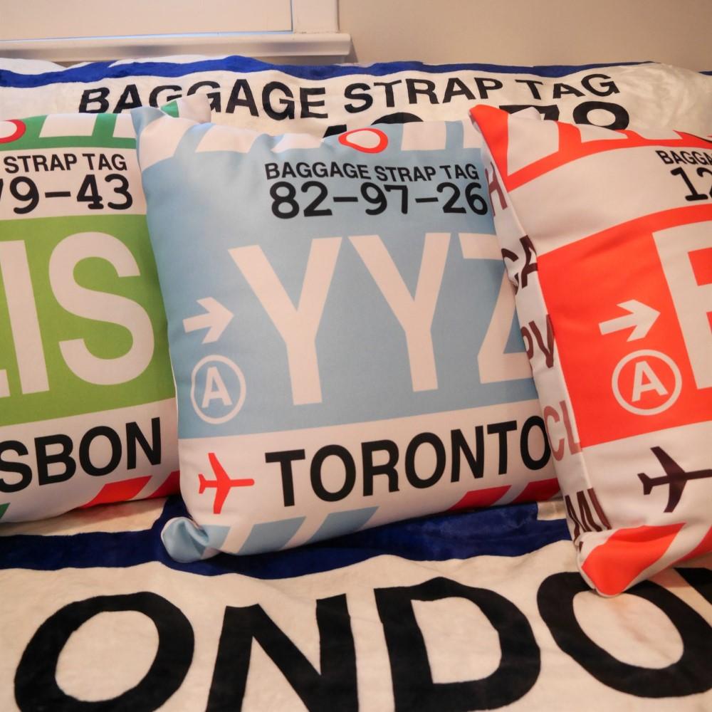 AMS Amsterdam Throw Pillow • Jet Age Baggage Tag Design • YHM Designs - Image 03
