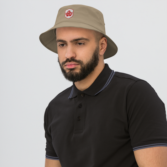 YEG Edmonton Bucket Hat • Maple Leaf Shield Design - Red & White • YHM Designs - Image 02