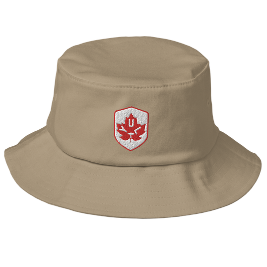 YUL Montreal Bucket Hat • Maple Leaf Shield Design - Red & White • YHM Designs - Image 01