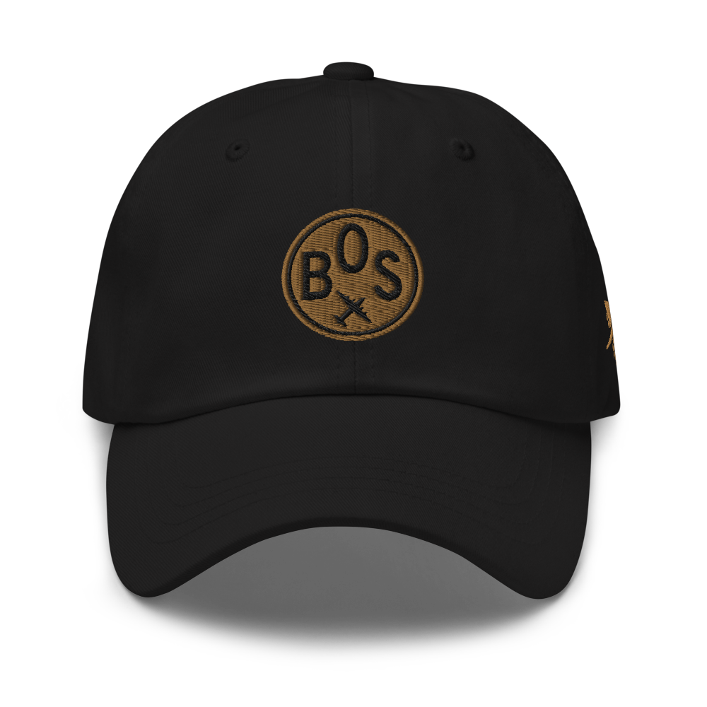 YHM Designs - BOS Boston Airport Code Baseball Cap/Dad Hat - Roundel Design with Vintage Airplane - Black 01